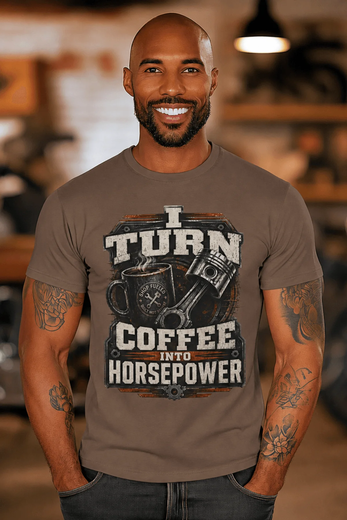 Mechanic Technician T-Shirt — "I Turn Coffee Into Horsepower" Vintage Work Shirt — espresso — Model Mechanic Technician T-Shirt — "I Turn Coffee Into Horsepower" Vintage Work Shirt — espresso t-shirt, model photo | Pressure Tested Co