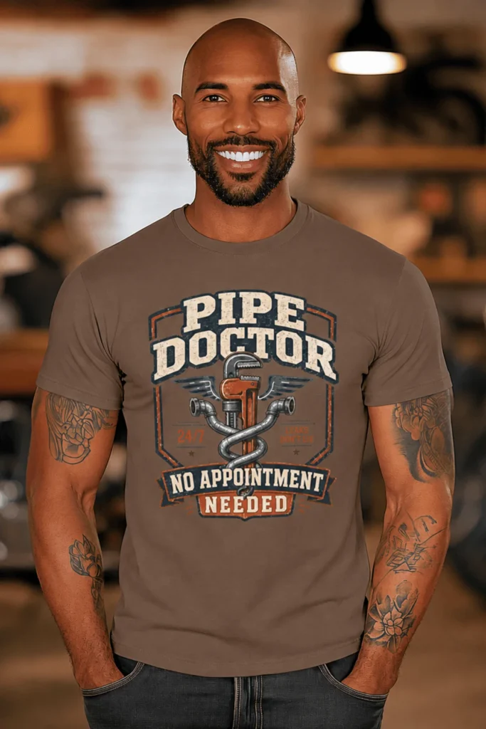 Plumber T-Shirt — "Pipe Doctor. No Appointment Needed" Vintage Work Shirt — espresso t-shirt, model photo | Pressure Tested Co