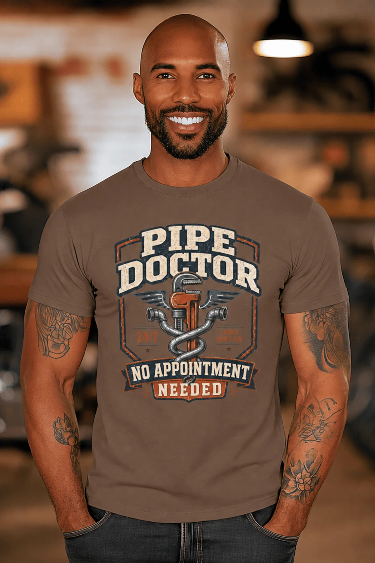 Plumber T-Shirt — "Pipe Doctor. No Appointment Needed" Vintage Work Shirt — espresso — Model Plumber T-Shirt — "Pipe Doctor. No Appointment Needed" Vintage Work Shirt — espresso t-shirt, model photo | Pressure Tested Co