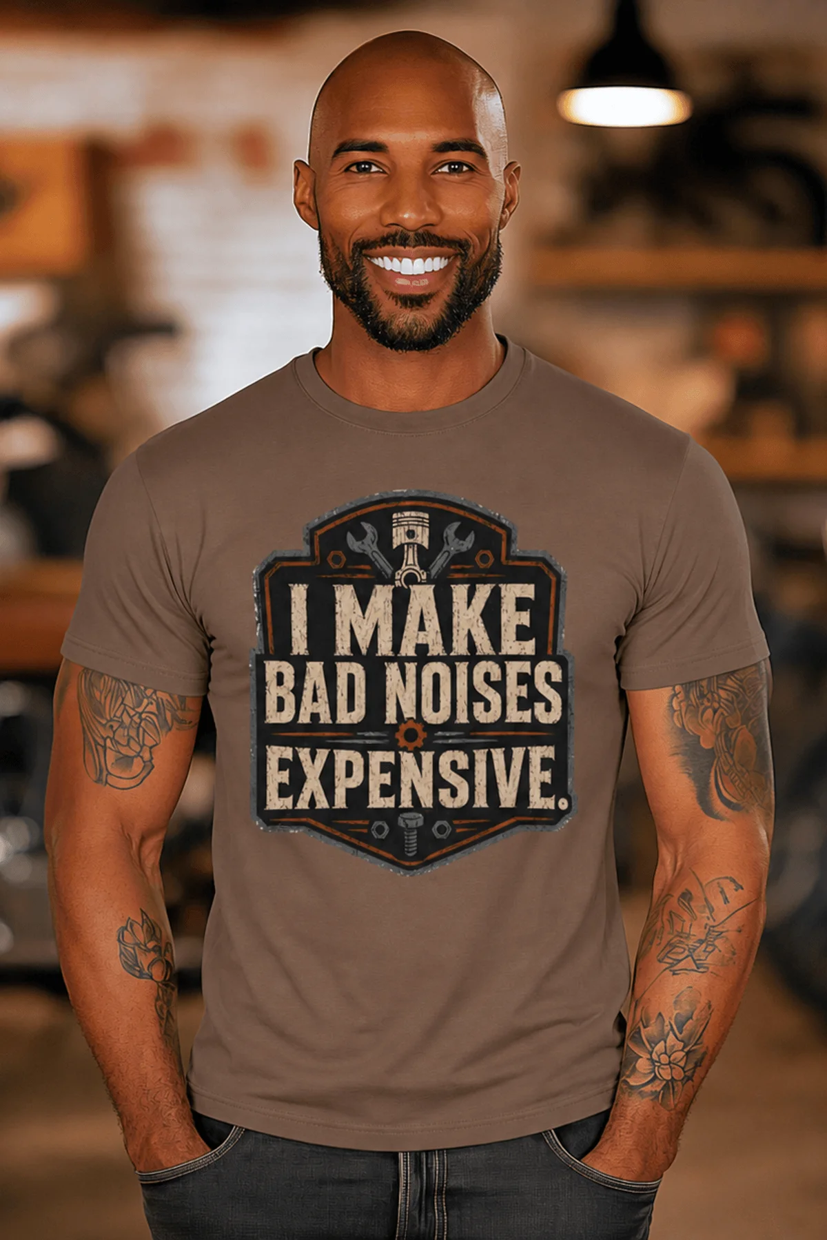 Funny Mechanic Tee - "I Make Bad Noises Expensive" Technician Worker/ Mechanic / Gearhead Tee — espresso t-shirt, model photo | Pressure Tested Co