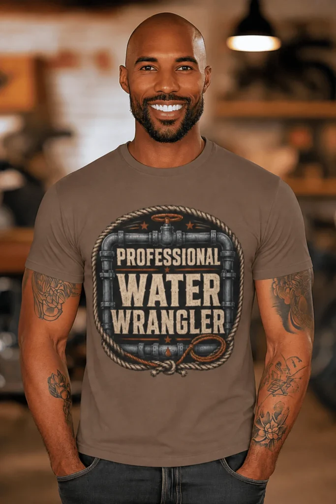 Funny Plumber Tee - "Professional Water Wrangler" Rustic Rope Graphic T-Shirt — espresso t-shirt, model photo | Pressure Tested Co