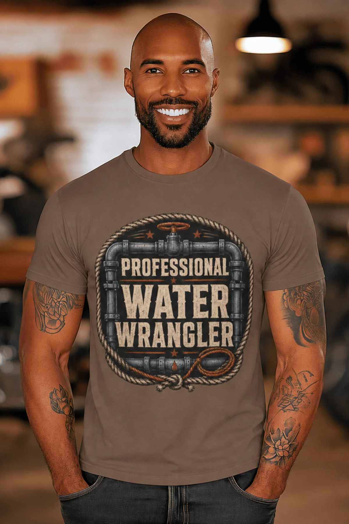Funny Plumber Tee - "Professional Water Wrangler" Rustic Rope Graphic T-Shirt — espresso t-shirt, model photo | Pressure Tested Co