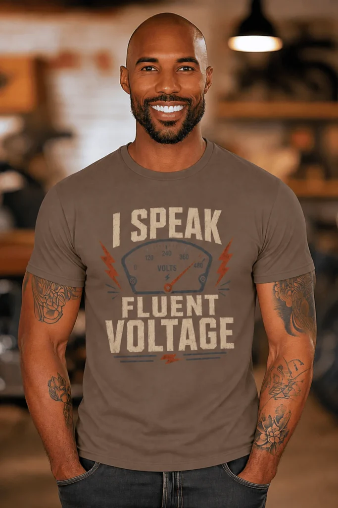 I Speak Fluent Voltage T-Shirt — Electrician & Electronics Tech Gift — espresso t-shirt, model photo | Pressure Tested Co