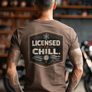 Funny HVAC Tee - "Licensed To Chill" HVAC Technician T-Shirt — espresso t-shirt, model photo | Pressure Tested Co