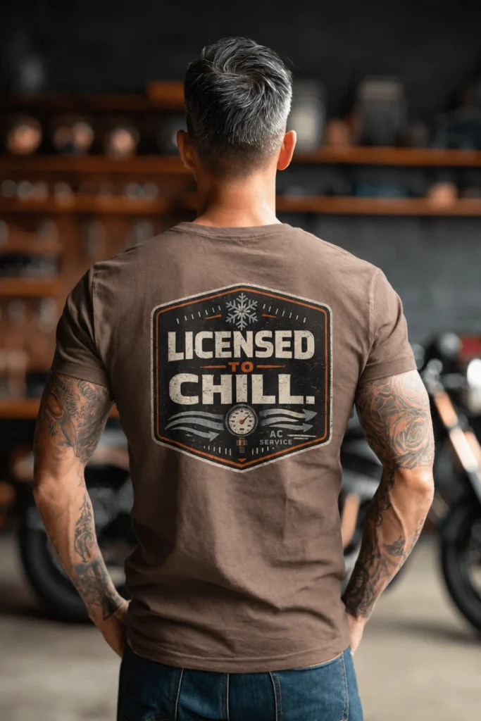 Funny HVAC Tee - "Licensed To Chill" HVAC Technician T-Shirt — espresso t-shirt, model photo | Pressure Tested Co