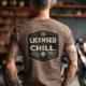 Funny HVAC Tee - "Licensed To Chill" HVAC Technician T-Shirt — espresso t-shirt, model photo | Pressure Tested Co
