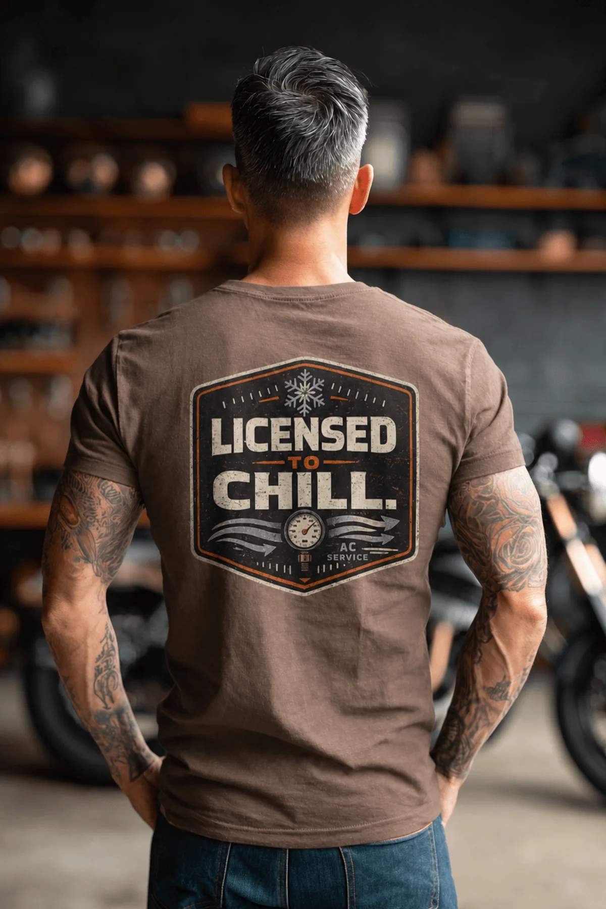Funny HVAC Tee - "Licensed To Chill" HVAC Technician T-Shirt — espresso t-shirt, model photo | Pressure Tested Co