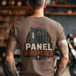 Funny Electrician Tee - "Panel Whisperer" Electrical Worker T-Shirt — espresso t-shirt, model photo | Pressure Tested Co