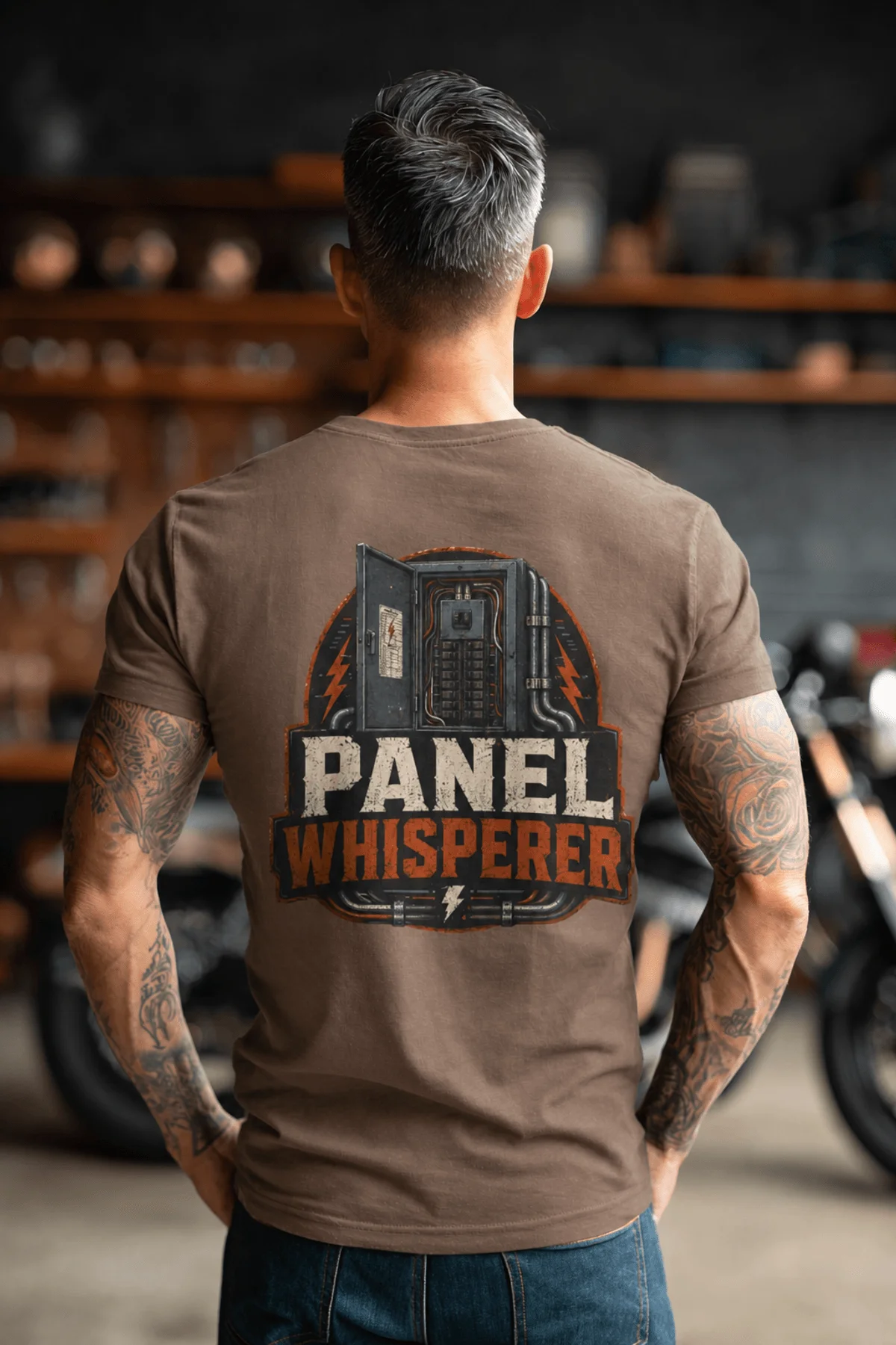 Funny Electrician Tee - "Panel Whisperer" Electrical Worker T-Shirt — espresso t-shirt, model photo | Pressure Tested Co