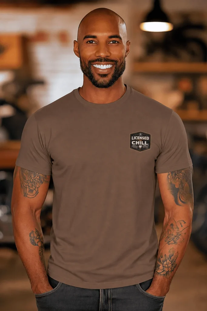 Funny HVAC Tee - "Licensed To Chill" HVAC Technician T-Shirt — espresso t-shirt, model photo | Pressure Tested Co
