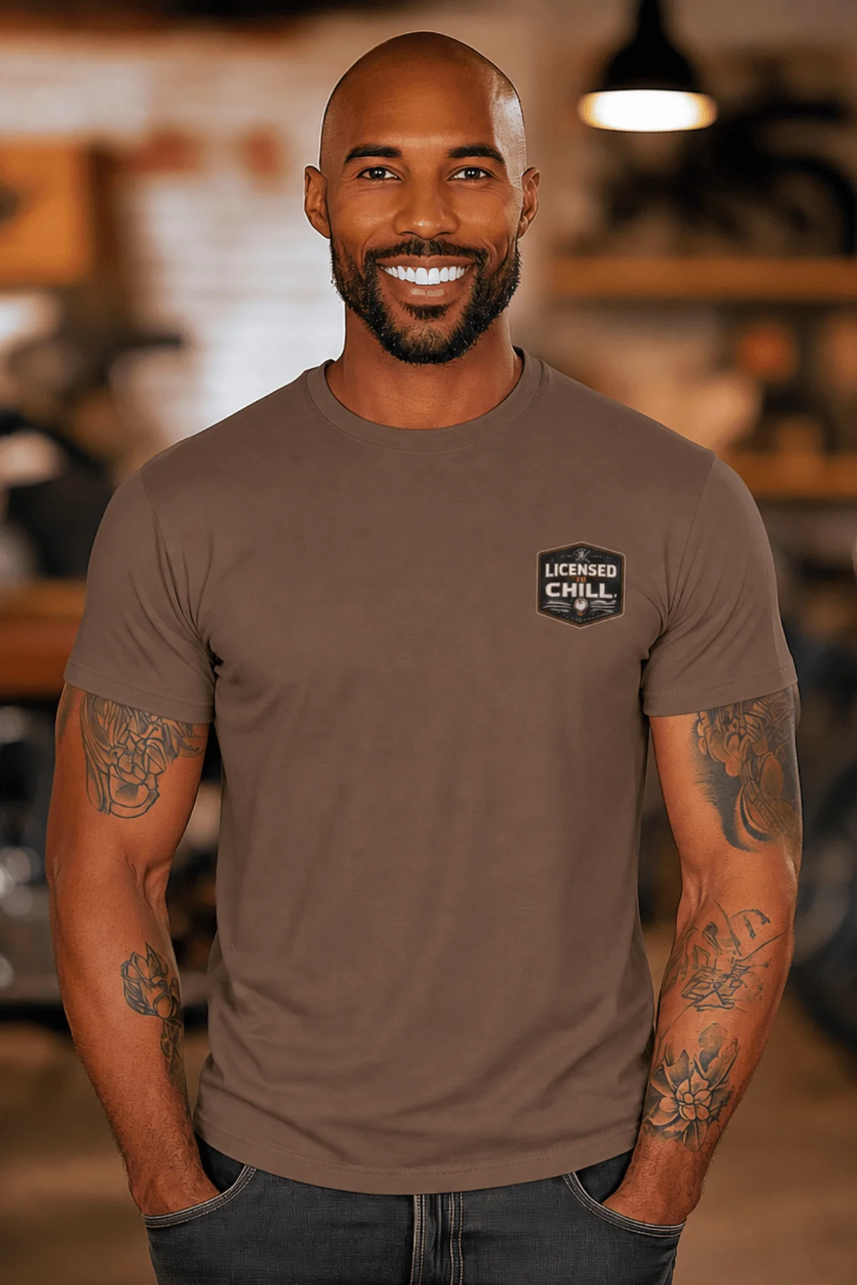 Funny HVAC Tee - "Licensed To Chill" HVAC Technician T-Shirt — espresso t-shirt, model photo | Pressure Tested Co