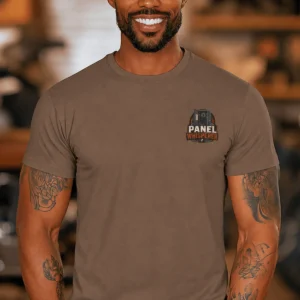 Funny Electrician Tee - "Panel Whisperer" Electrical Worker T-Shirt — espresso t-shirt, model photo | Pressure Tested Co