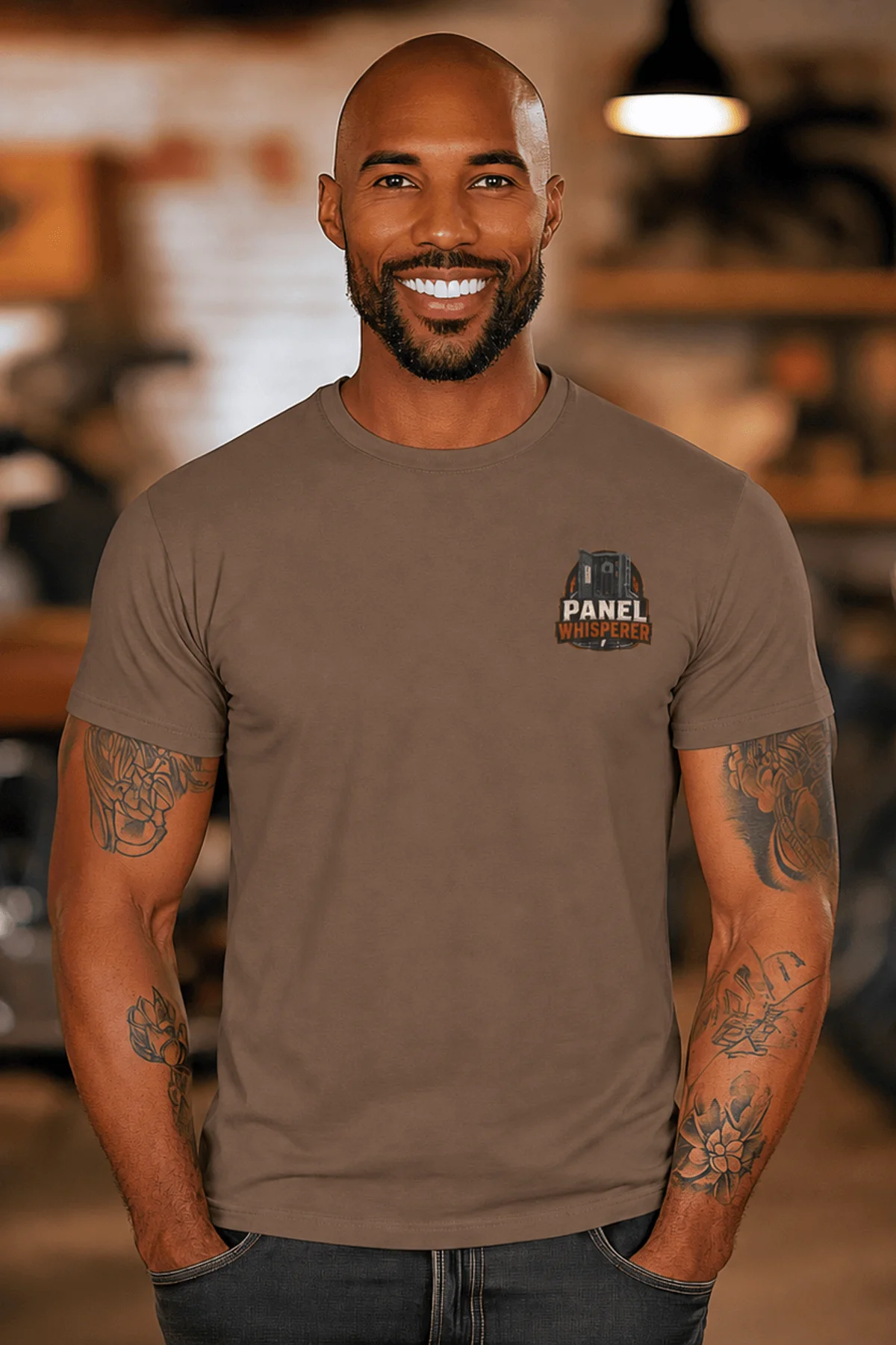 Funny Electrician Tee - "Panel Whisperer" Electrical Worker T-Shirt — espresso t-shirt, model photo | Pressure Tested Co