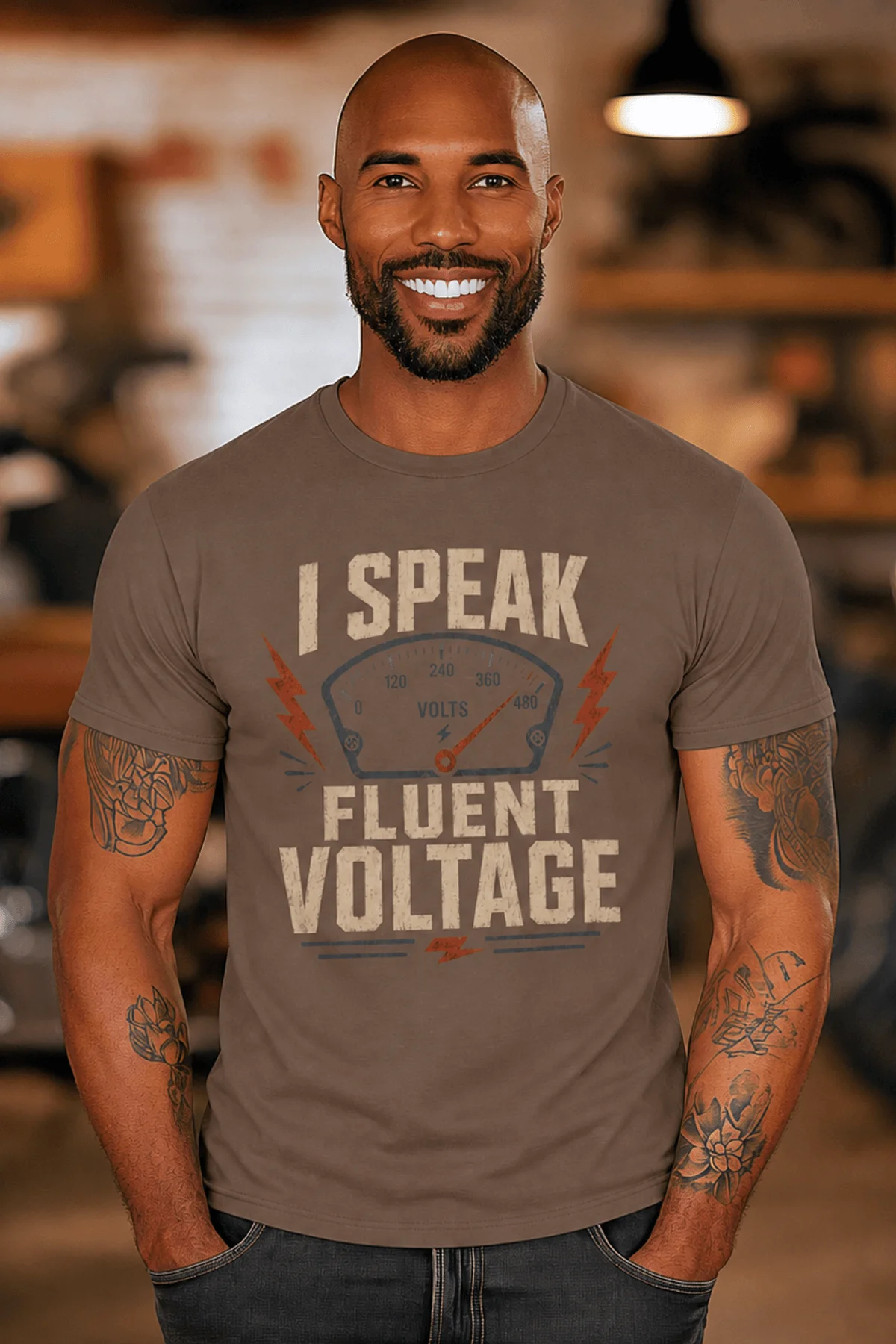 I Speak Fluent Voltage T-Shirt — Electrician & Electronics Tech Gift — espresso t-shirt, model photo | Pressure Tested Co