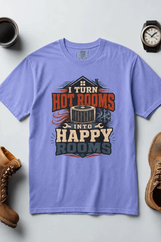 HVAC Technician T-Shirt — "I Turn Hot Rooms Into Happy Rooms" Vintage HVAC Shirt — flo-blue t-shirt, flat-lay product photo | Pressure Tested Co