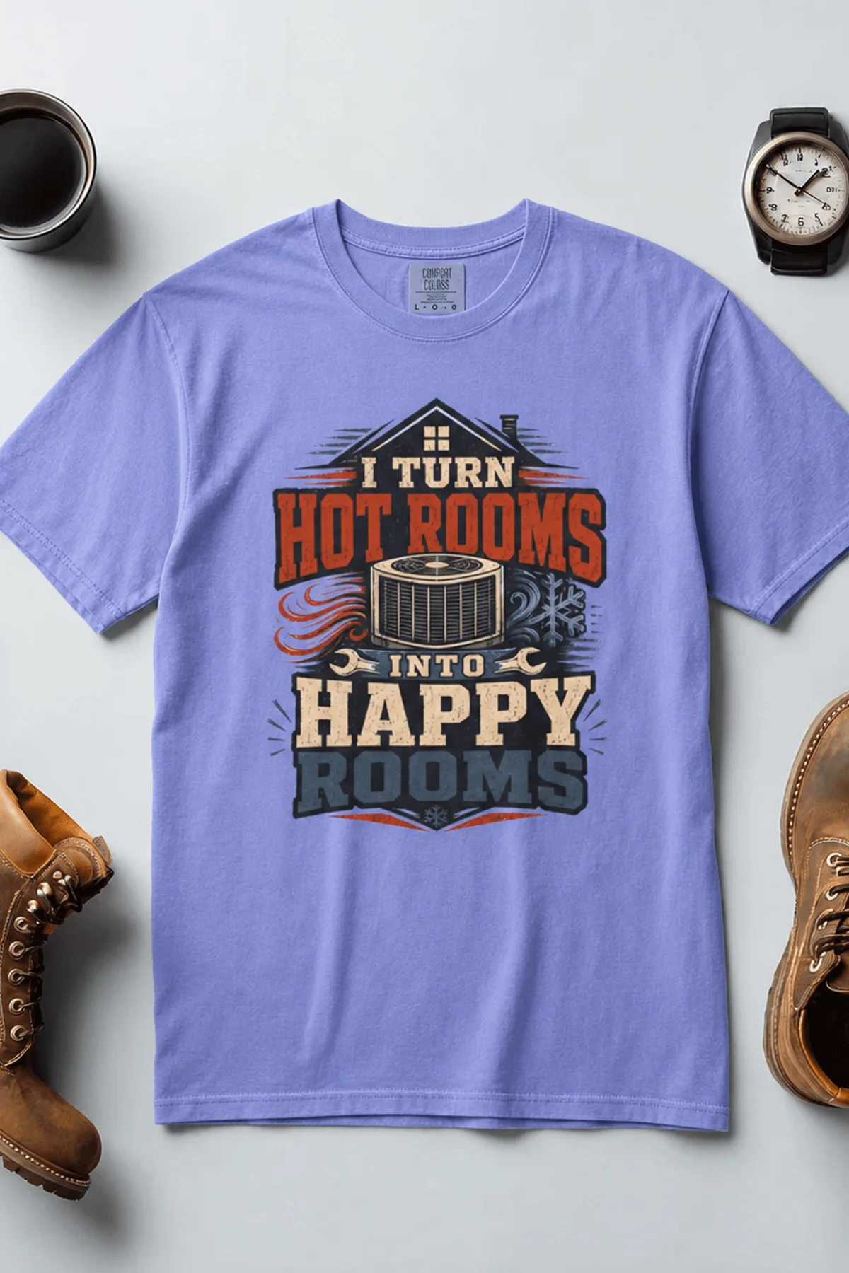 HVAC Technician T-Shirt — "I Turn Hot Rooms Into Happy Rooms" Vintage HVAC Shirt — flo-blue — Flat-lay HVAC Technician T-Shirt — "I Turn Hot Rooms Into Happy Rooms" Vintage HVAC Shirt — flo-blue t-shirt, flat-lay product photo | Pressure Tested Co