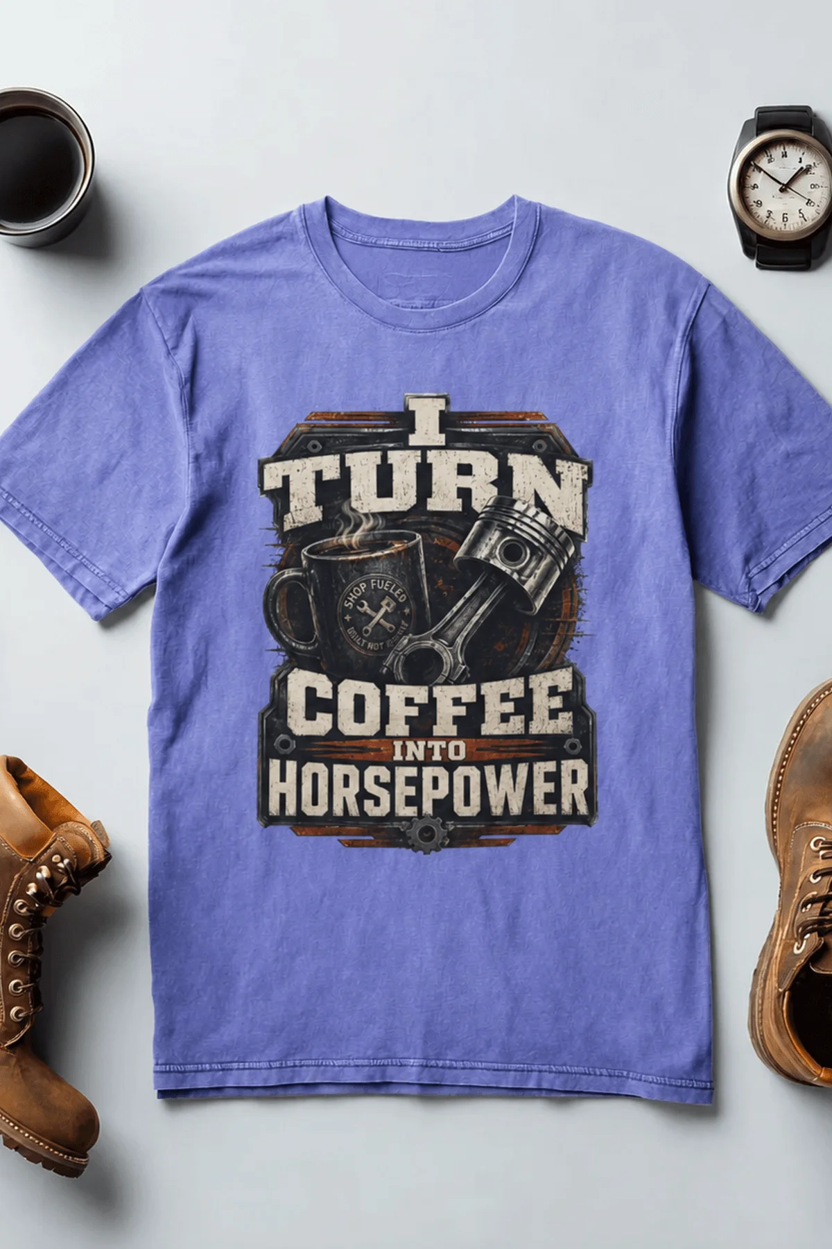 Mechanic Technician T-Shirt — "I Turn Coffee Into Horsepower" Vintage Work Shirt — flo-blue — Flat-lay Mechanic Technician T-Shirt — "I Turn Coffee Into Horsepower" Vintage Work Shirt — flo-blue t-shirt, flat-lay product photo | Pressure Tested Co