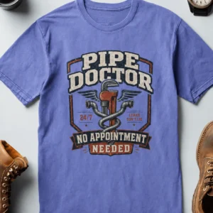 Plumber T-Shirt — "Pipe Doctor. No Appointment Needed" Vintage Work Shirt — flo-blue t-shirt, flat-lay product photo | Pressure Tested Co