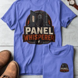 Funny Electrician Tee - "Panel Whisperer" Electrical Worker T-Shirt — flo-blue t-shirt, flat-lay product photo | Pressure Tested Co