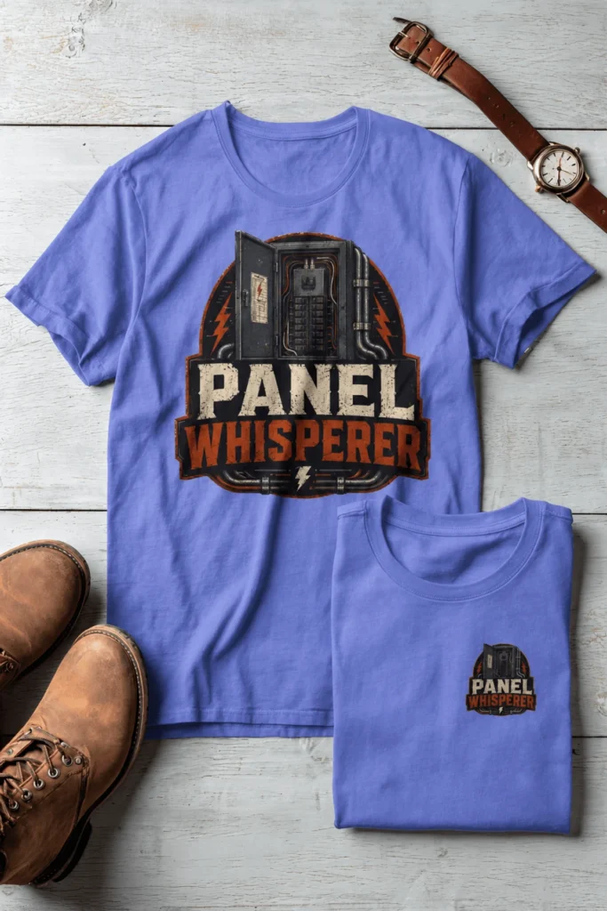 Funny Electrician Tee - "Panel Whisperer" Electrical Worker T-Shirt — flo-blue t-shirt, flat-lay product photo | Pressure Tested Co