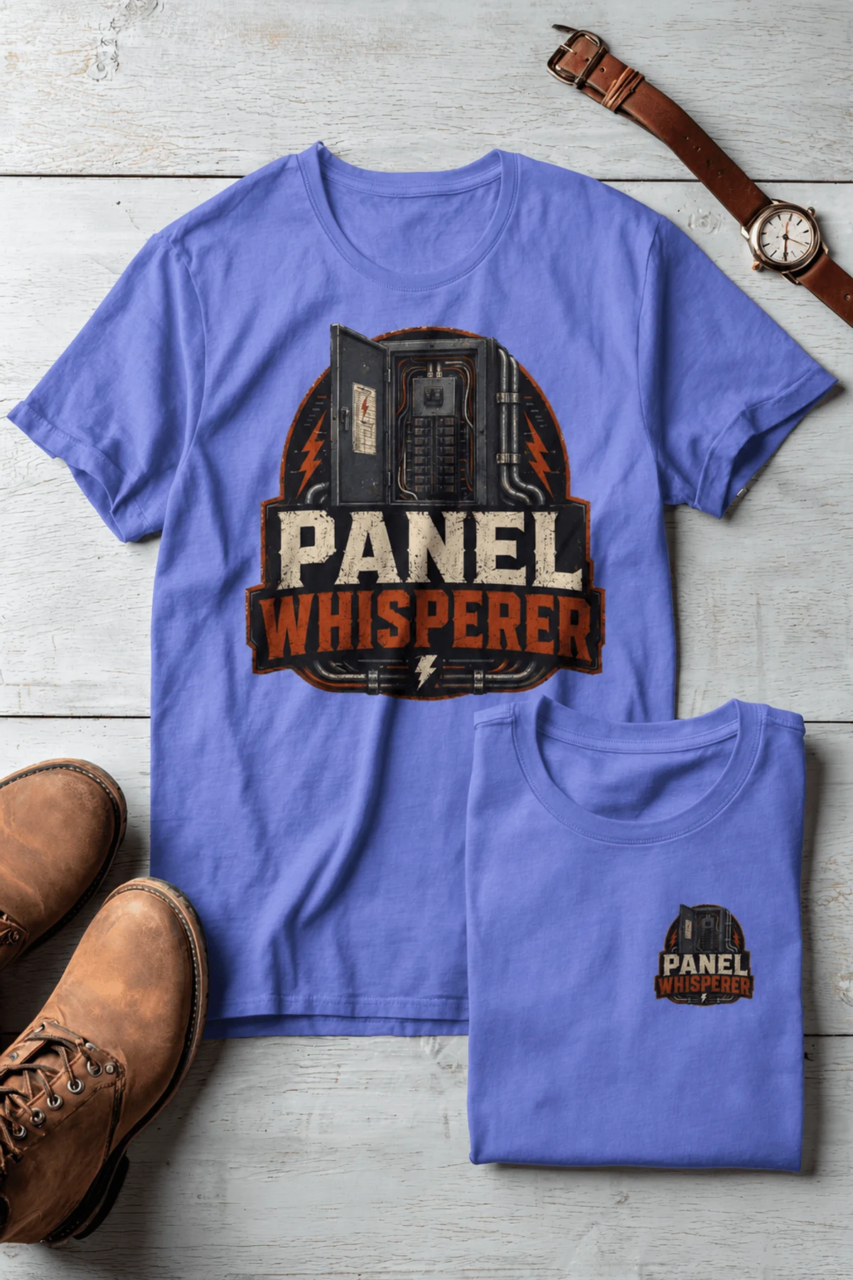 Funny Electrician Tee - "Panel Whisperer" Electrical Worker T-Shirt — flo-blue t-shirt, flat-lay product photo | Pressure Tested Co