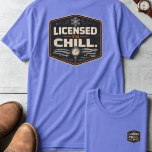 Funny HVAC Tee - "Licensed To Chill" HVAC Technician T-Shirt — flo-blue t-shirt, flat-lay product photo | Pressure Tested Co