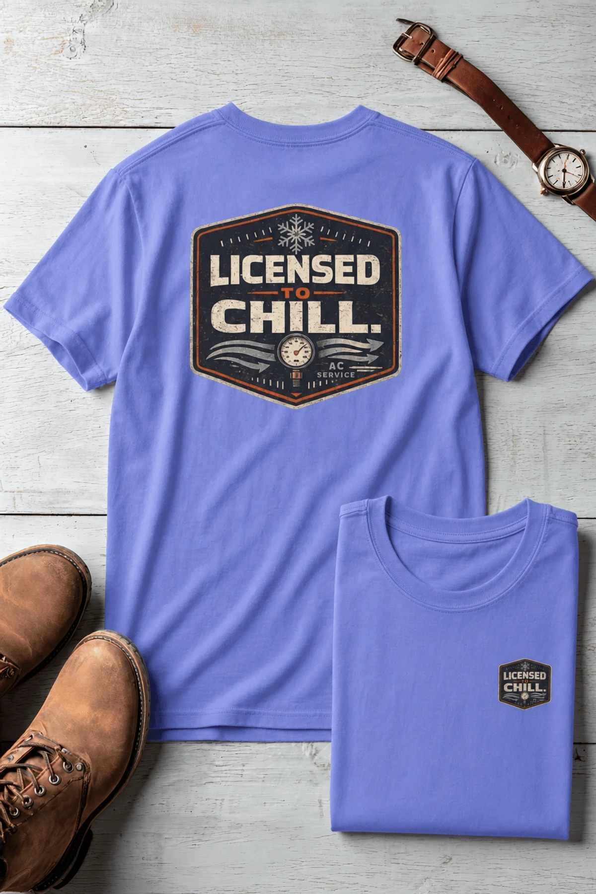 Funny HVAC Tee - "Licensed To Chill" HVAC Technician T-Shirt — flo-blue t-shirt, flat-lay product photo | Pressure Tested Co