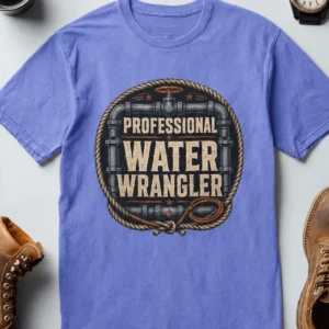 Funny Plumber Tee - "Professional Water Wrangler" Rustic Rope Graphic T-Shirt — flo-blue t-shirt, flat-lay product photo | Pressure Tested Co