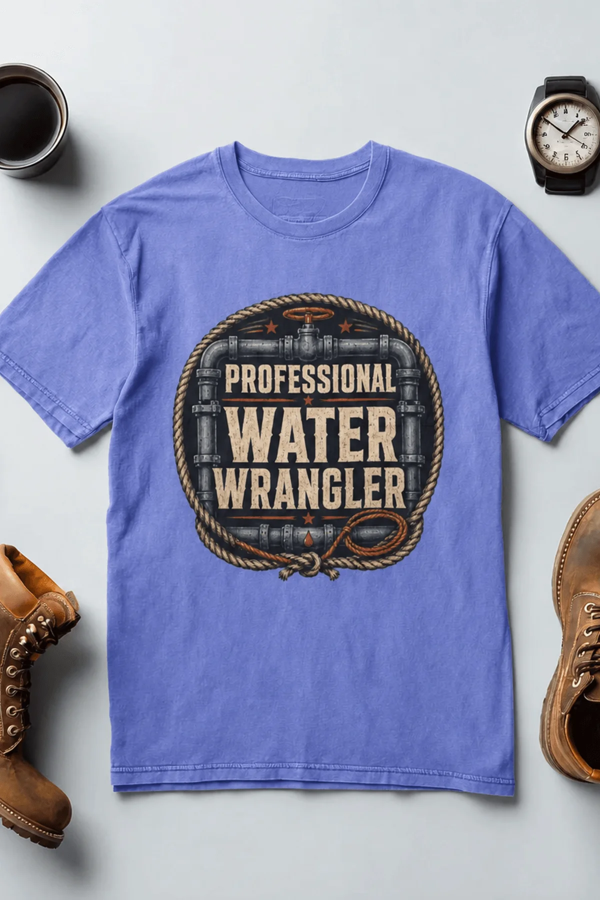 Funny Plumber Tee - "Professional Water Wrangler" Rustic Rope Graphic T-Shirt — flo-blue t-shirt, flat-lay product photo | Pressure Tested Co