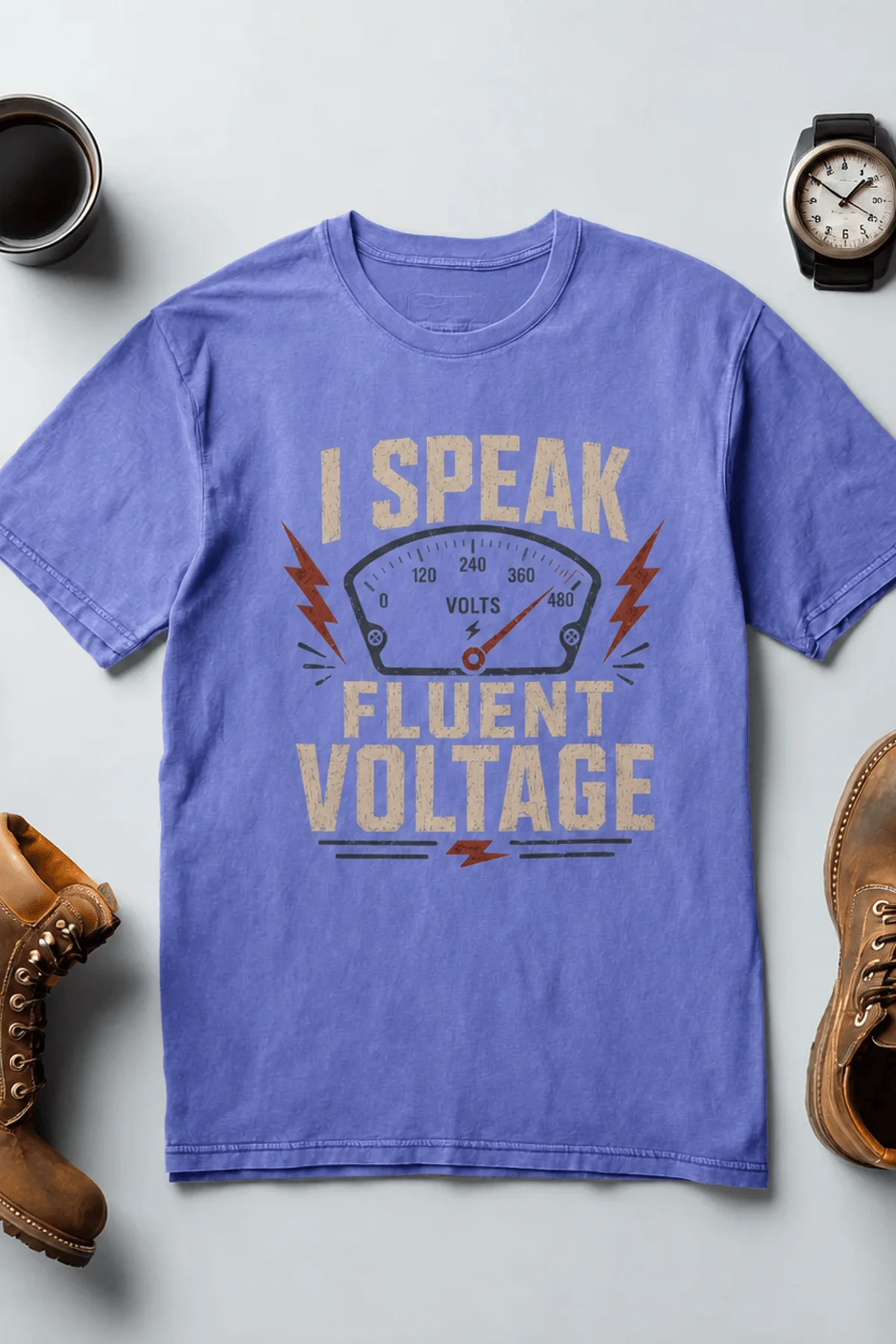 I Speak Fluent Voltage T-Shirt — Electrician & Electronics Tech Gift — flo-blue t-shirt, flat-lay product photo | Pressure Tested Co