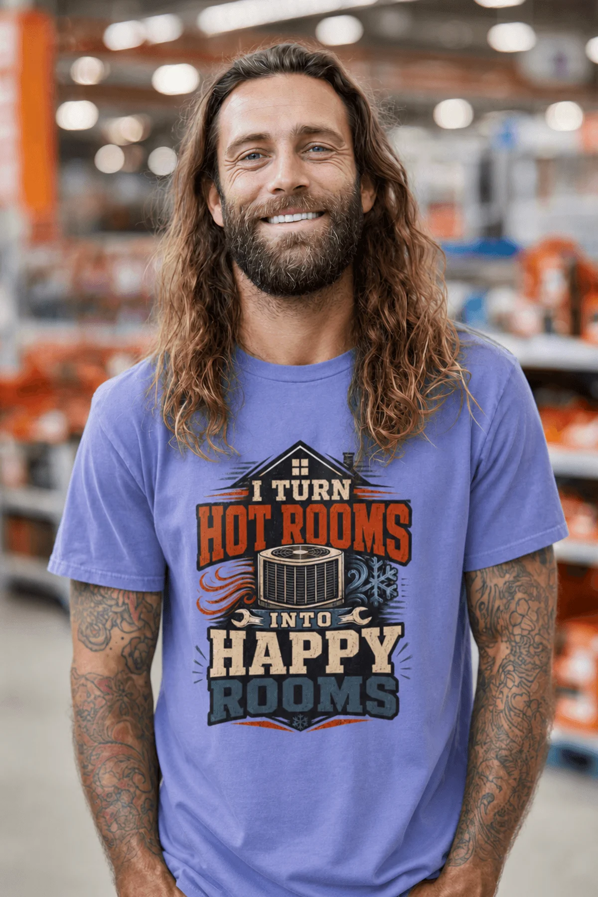 HVAC Technician T-Shirt — "I Turn Hot Rooms Into Happy Rooms" Vintage HVAC Shirt — flo-blue — Model HVAC Technician T-Shirt — "I Turn Hot Rooms Into Happy Rooms" Vintage HVAC Shirt — flo-blue t-shirt, model photo | Pressure Tested Co