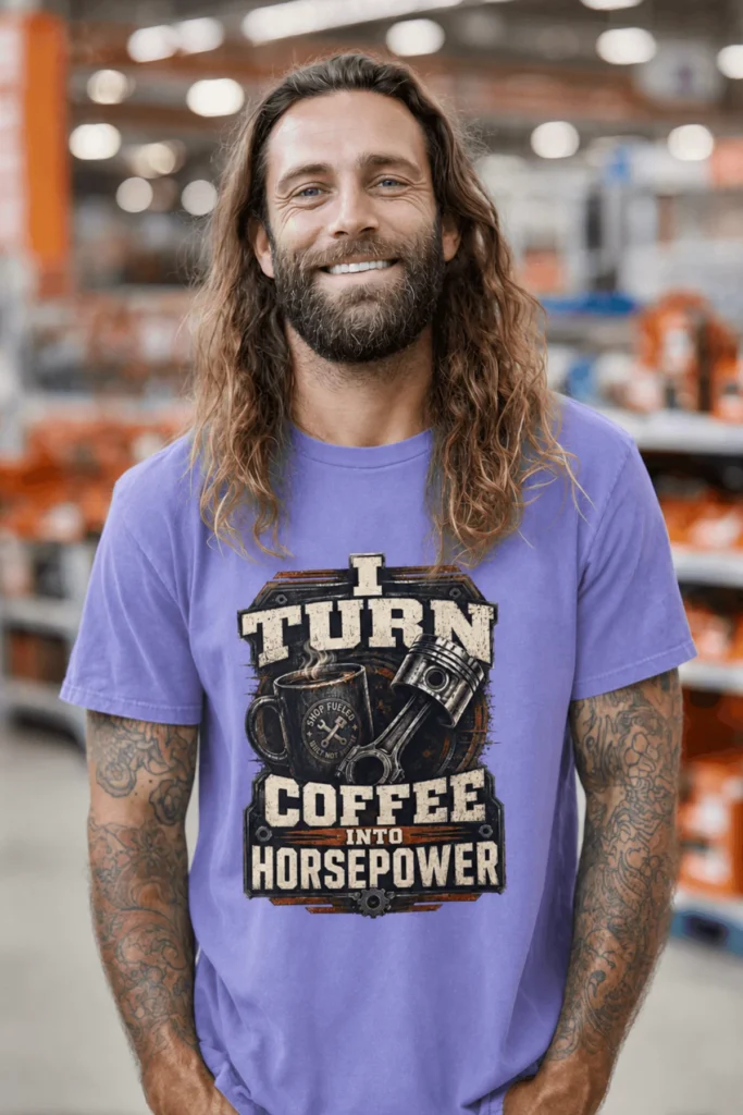 Mechanic Technician T-Shirt — "I Turn Coffee Into Horsepower" Vintage Work Shirt — flo-blue t-shirt, model photo | Pressure Tested Co