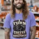 Mechanic Technician T-Shirt — "I Turn Coffee Into Horsepower" Vintage Work Shirt — flo-blue — Model Mechanic Technician T-Shirt — "I Turn Coffee Into Horsepower" Vintage Work Shirt — flo-blue t-shirt, model photo | Pressure Tested Co
