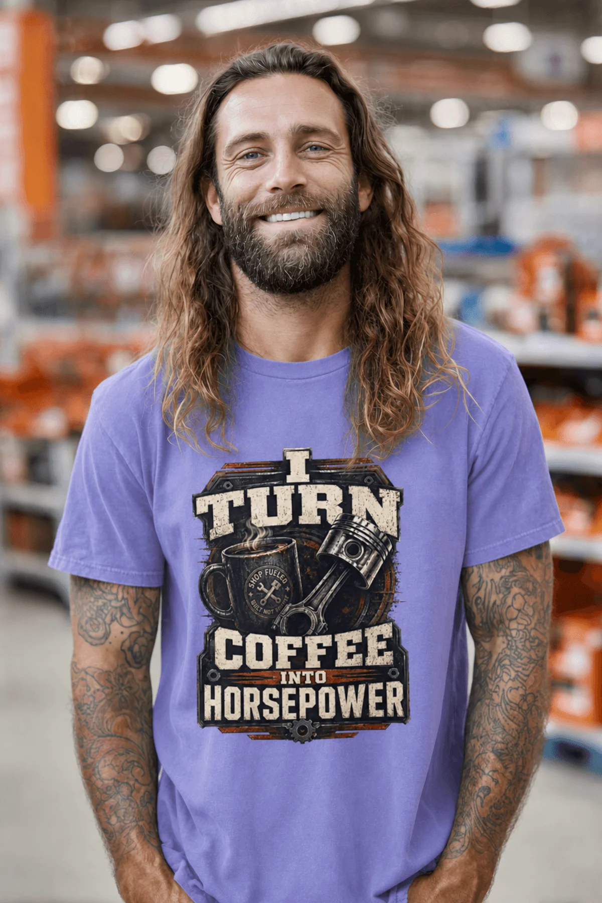 Mechanic Technician T-Shirt — "I Turn Coffee Into Horsepower" Vintage Work Shirt — flo-blue — Model Mechanic Technician T-Shirt — "I Turn Coffee Into Horsepower" Vintage Work Shirt — flo-blue t-shirt, model photo | Pressure Tested Co