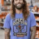 Plumber T-Shirt — "Pipe Doctor. No Appointment Needed" Vintage Work Shirt — flo-blue — Model Plumber T-Shirt — "Pipe Doctor. No Appointment Needed" Vintage Work Shirt — flo-blue t-shirt, model photo | Pressure Tested Co