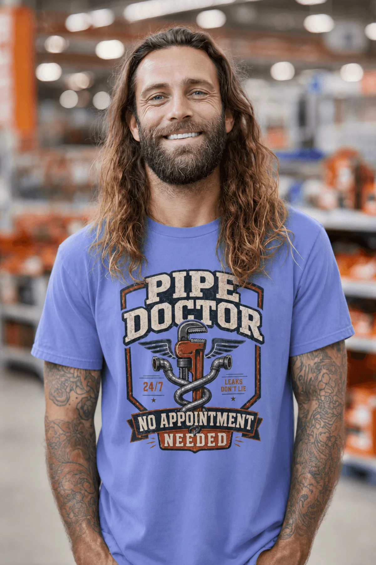 Plumber T-Shirt — "Pipe Doctor. No Appointment Needed" Vintage Work Shirt — flo-blue — Model Plumber T-Shirt — "Pipe Doctor. No Appointment Needed" Vintage Work Shirt — flo-blue t-shirt, model photo | Pressure Tested Co