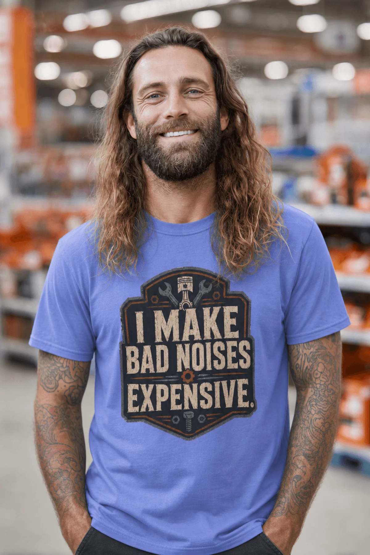 Funny Mechanic Tee - "I Make Bad Noises Expensive" Technician Worker/ Mechanic / Gearhead Tee — flo-blue t-shirt, model photo | Pressure Tested Co