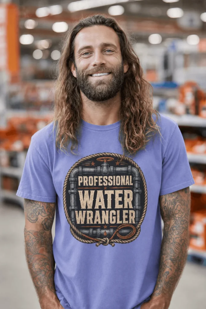 Funny Plumber Tee - "Professional Water Wrangler" Rustic Rope Graphic T-Shirt — flo-blue t-shirt, model photo | Pressure Tested Co