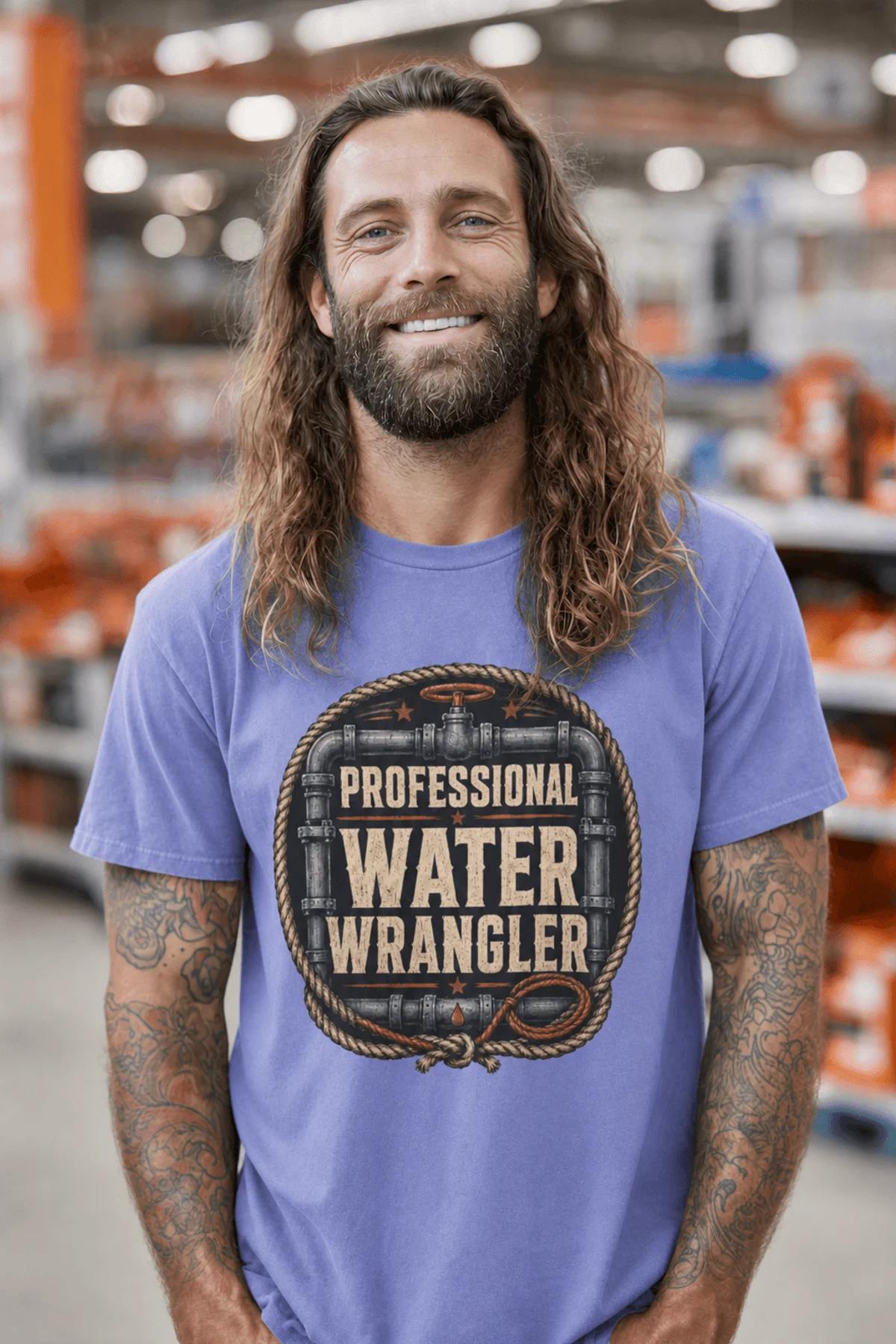 Funny Plumber Tee - "Professional Water Wrangler" Rustic Rope Graphic T-Shirt — flo-blue t-shirt, model photo | Pressure Tested Co