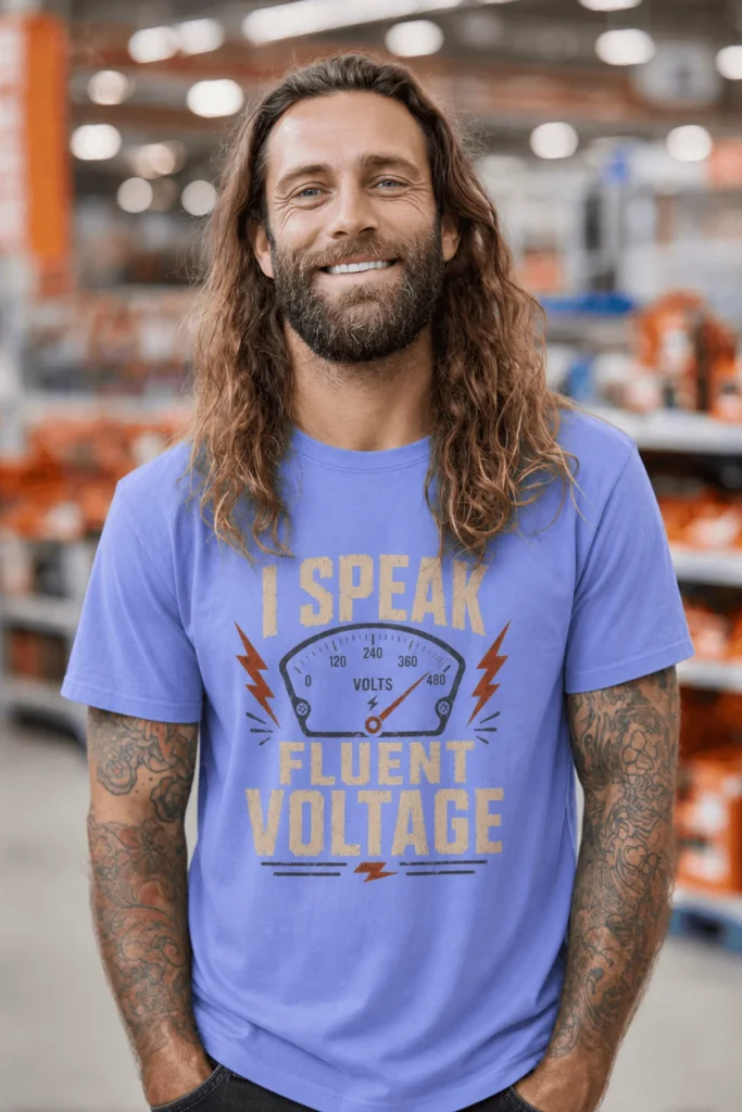 I Speak Fluent Voltage T-Shirt — Electrician & Electronics Tech Gift — flo-blue t-shirt, model photo | Pressure Tested Co