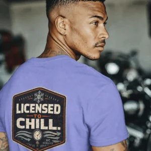 Funny HVAC Tee - "Licensed To Chill" HVAC Technician T-Shirt — flo-blue t-shirt, model photo | Pressure Tested Co
