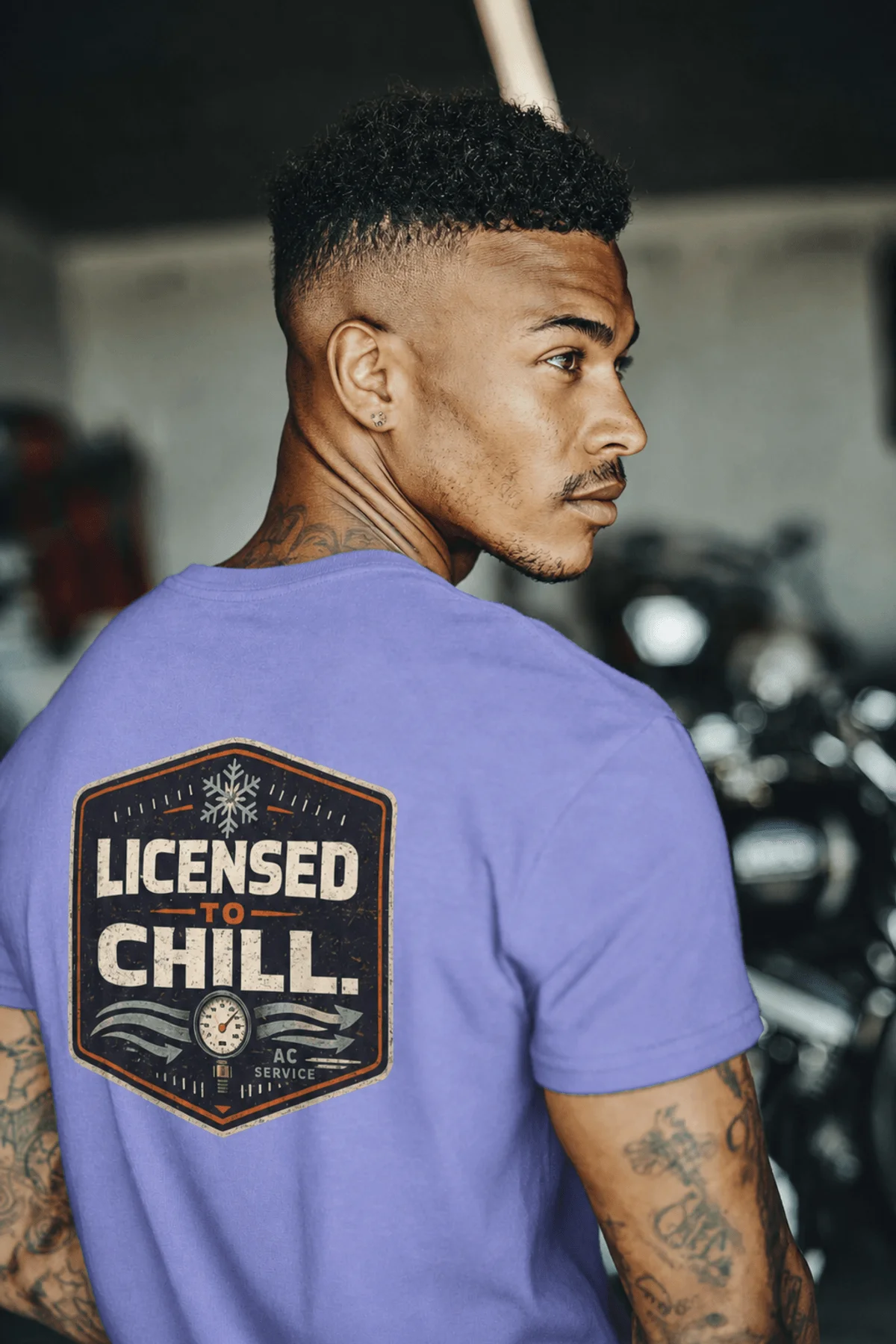 Funny HVAC Tee - "Licensed To Chill" HVAC Technician T-Shirt — flo-blue t-shirt, model photo | Pressure Tested Co