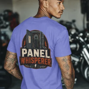 Funny Electrician Tee - "Panel Whisperer" Electrical Worker T-Shirt — flo-blue t-shirt, model photo | Pressure Tested Co