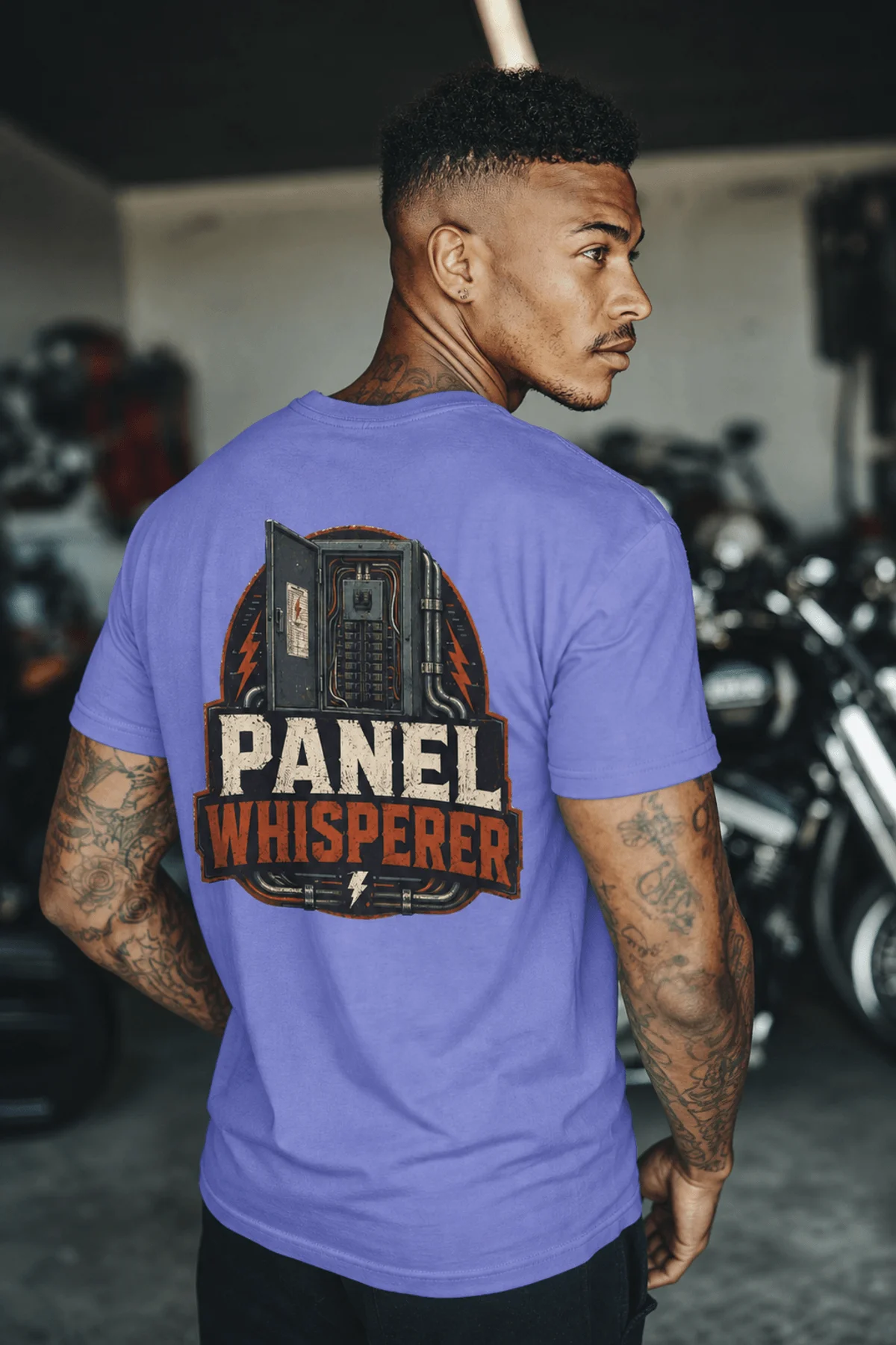 Funny Electrician Tee - "Panel Whisperer" Electrical Worker T-Shirt — flo-blue t-shirt, model photo | Pressure Tested Co