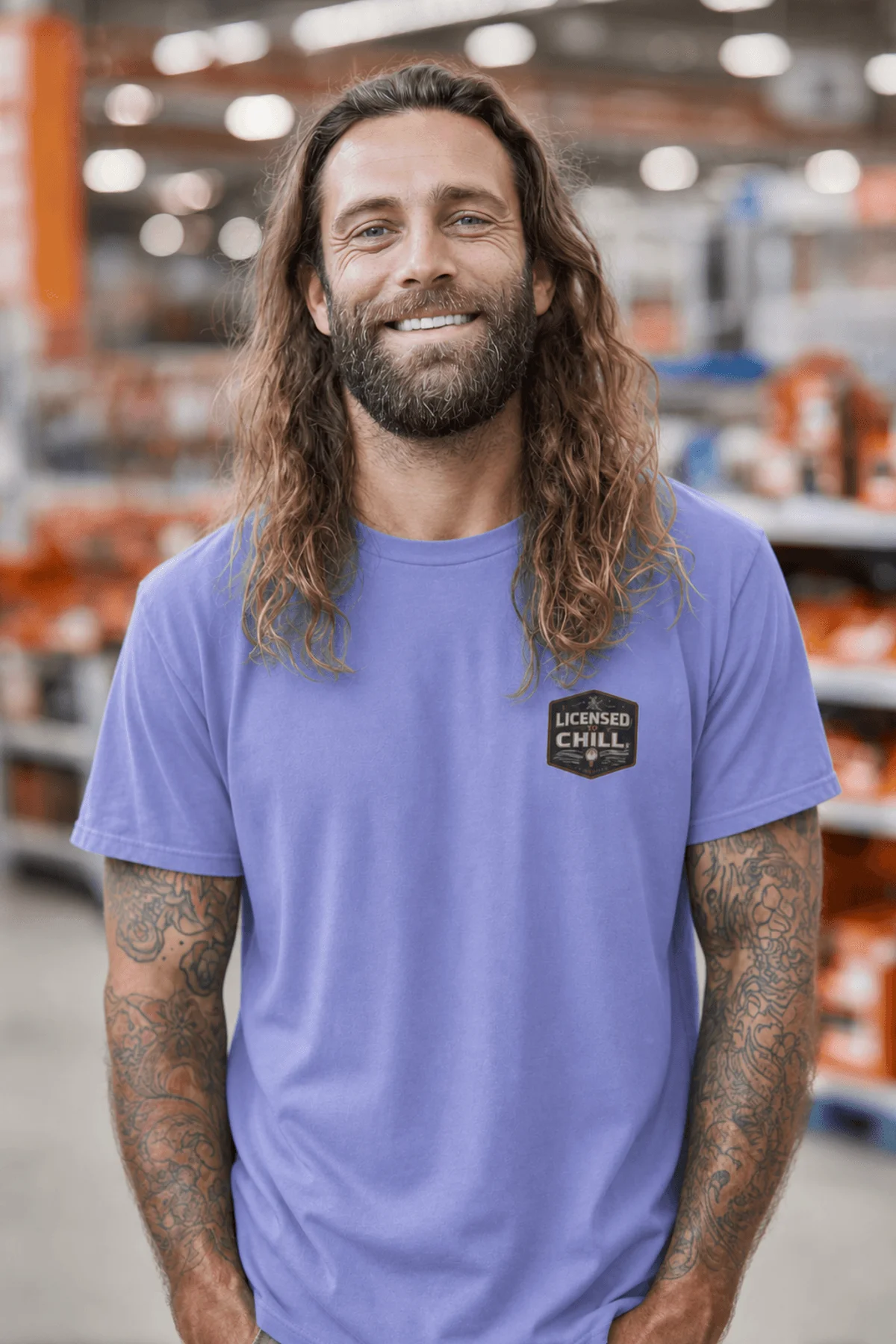 Funny HVAC Tee - "Licensed To Chill" HVAC Technician T-Shirt — flo-blue t-shirt, model photo | Pressure Tested Co