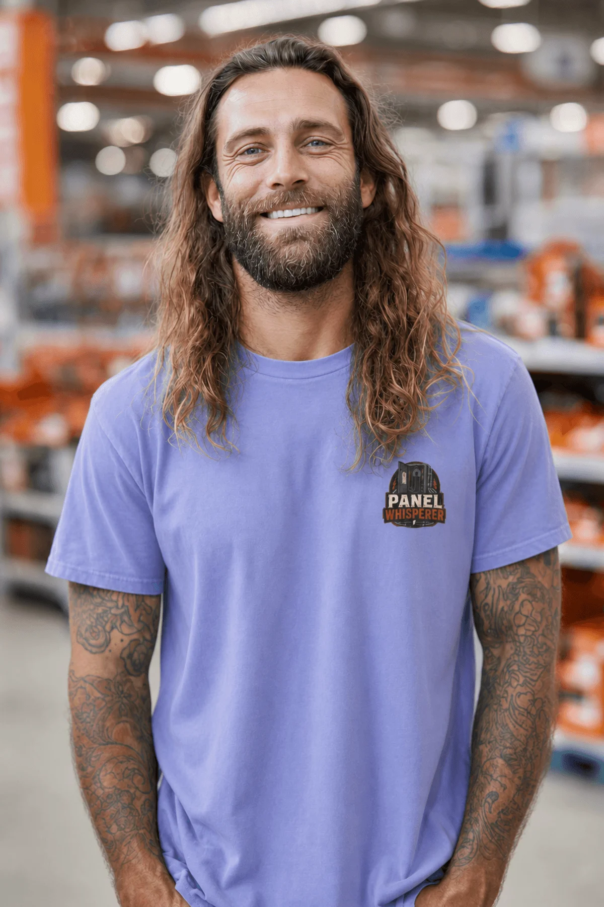 Funny Electrician Tee - "Panel Whisperer" Electrical Worker T-Shirt — flo-blue t-shirt, model photo | Pressure Tested Co