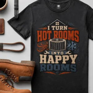 HVAC Technician T-Shirt — "I Turn Hot Rooms Into Happy Rooms" Vintage HVAC Shirt — graphite t-shirt, flat-lay product photo | Pressure Tested Co