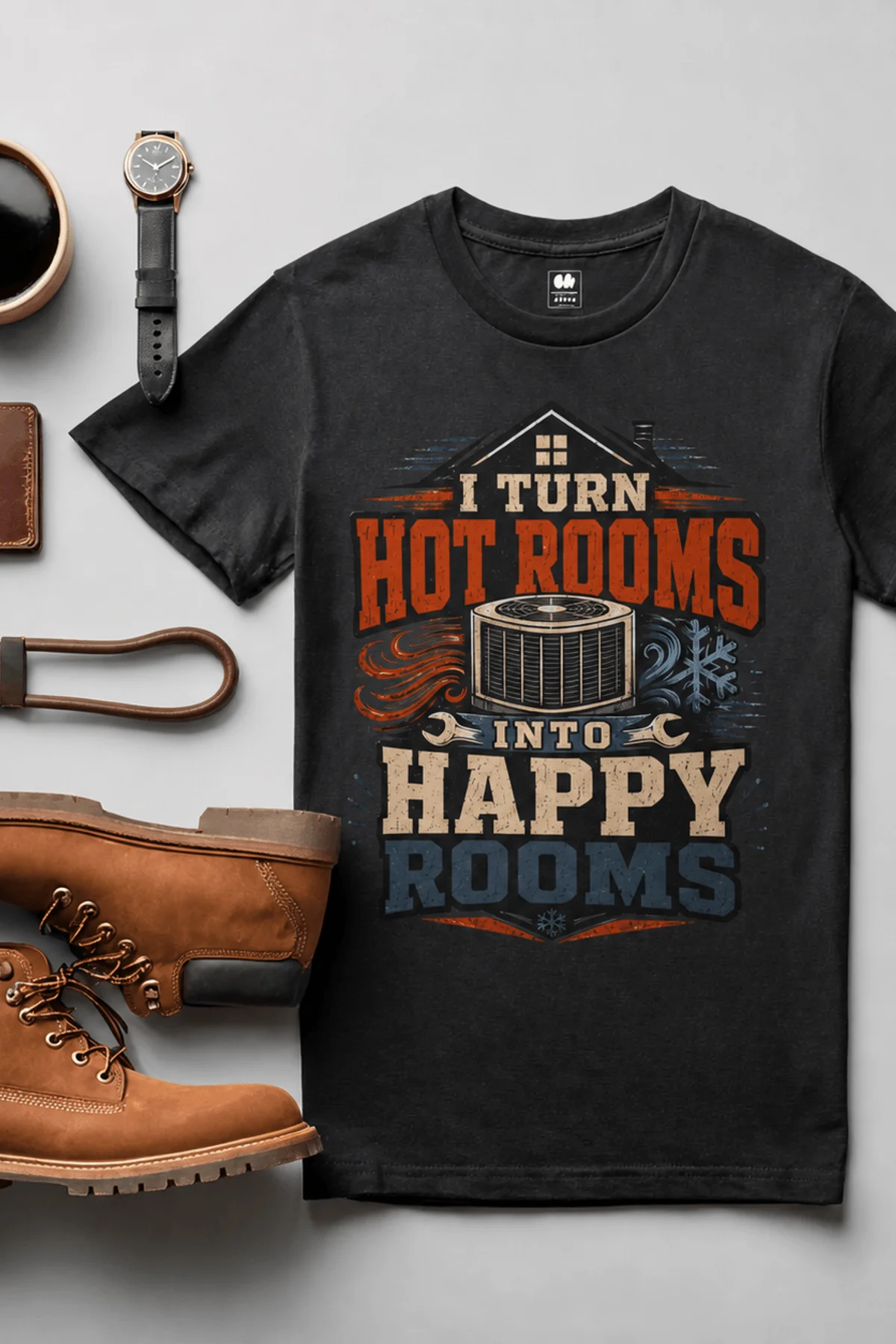 HVAC Technician T-Shirt — "I Turn Hot Rooms Into Happy Rooms" Vintage HVAC Shirt — graphite — Flat-lay HVAC Technician T-Shirt — "I Turn Hot Rooms Into Happy Rooms" Vintage HVAC Shirt — graphite t-shirt, flat-lay product photo | Pressure Tested Co