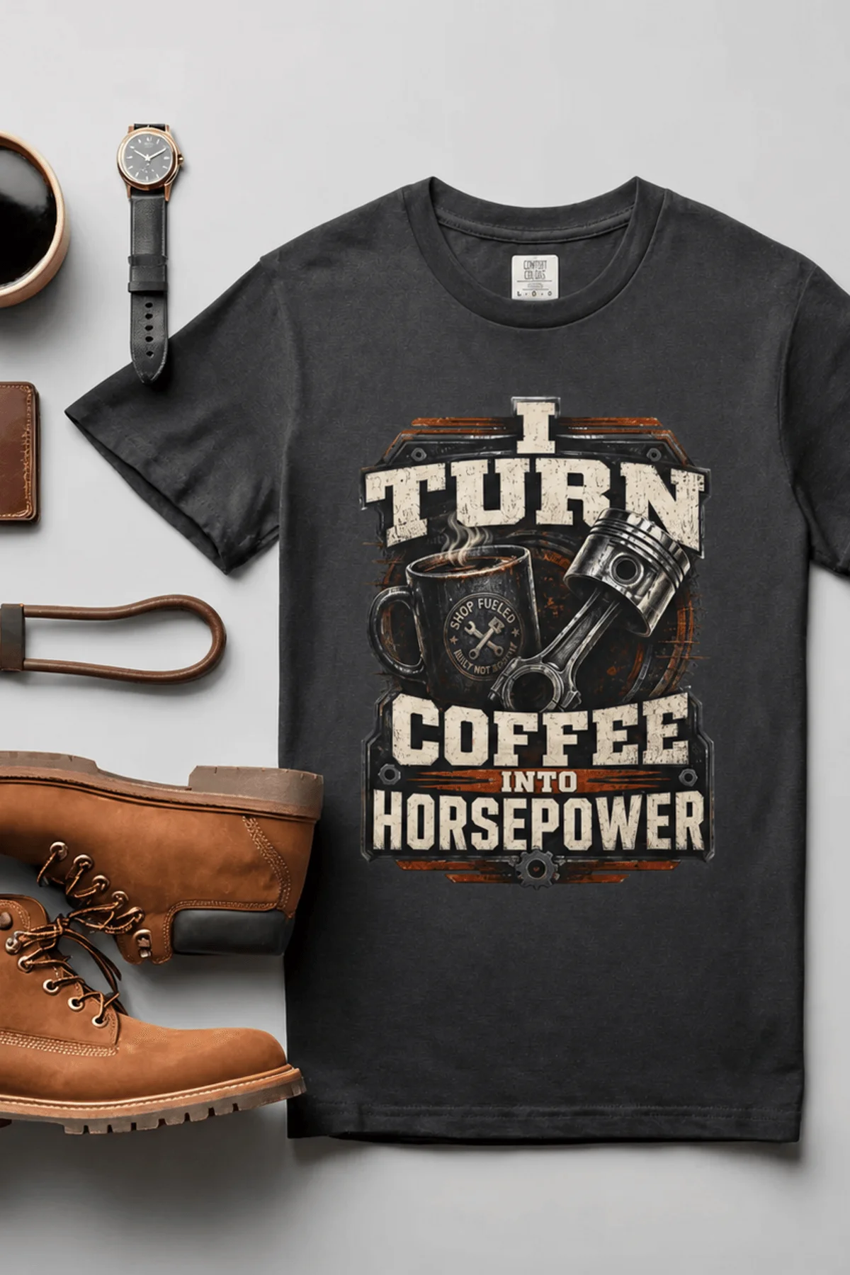Mechanic Technician T-Shirt — "I Turn Coffee Into Horsepower" Vintage Work Shirt — graphite — Flat-lay Mechanic Technician T-Shirt — "I Turn Coffee Into Horsepower" Vintage Work Shirt — graphite t-shirt, flat-lay product photo | Pressure Tested Co