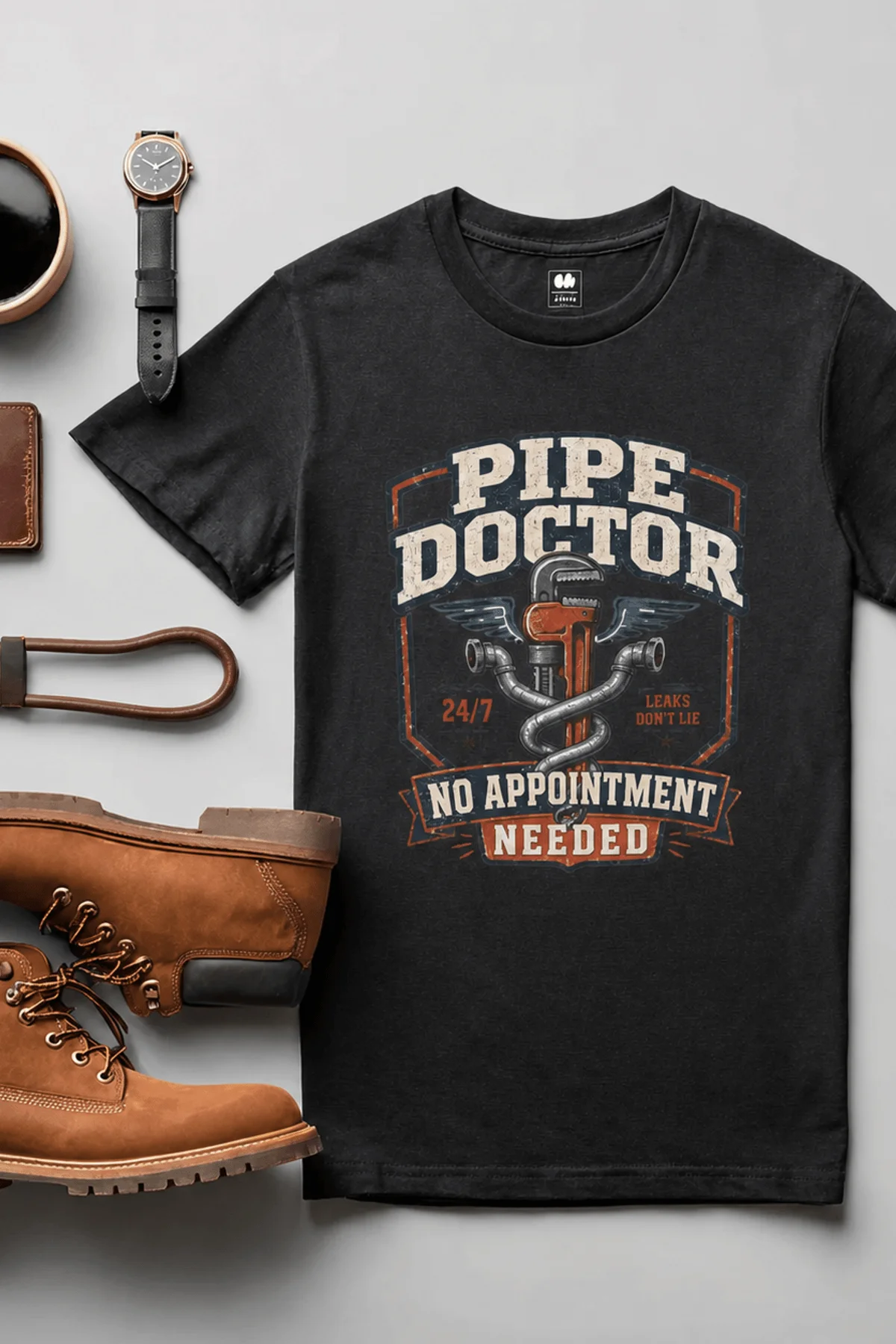 Plumber T-Shirt — "Pipe Doctor. No Appointment Needed" Vintage Work Shirt — graphite — Flat-lay Plumber T-Shirt — "Pipe Doctor. No Appointment Needed" Vintage Work Shirt — graphite t-shirt, flat-lay product photo | Pressure Tested Co